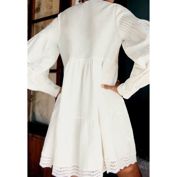 Sezane Honorina Dress Coastal Linen Cotton Button Up Mini Ecru Boho Womens 8 NEW - Picture 3 of 16